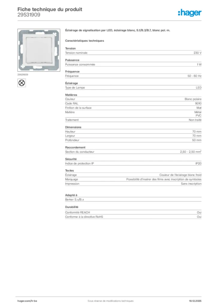 Image Hager Fiche technique du produit 29531909 | Hager Belgique