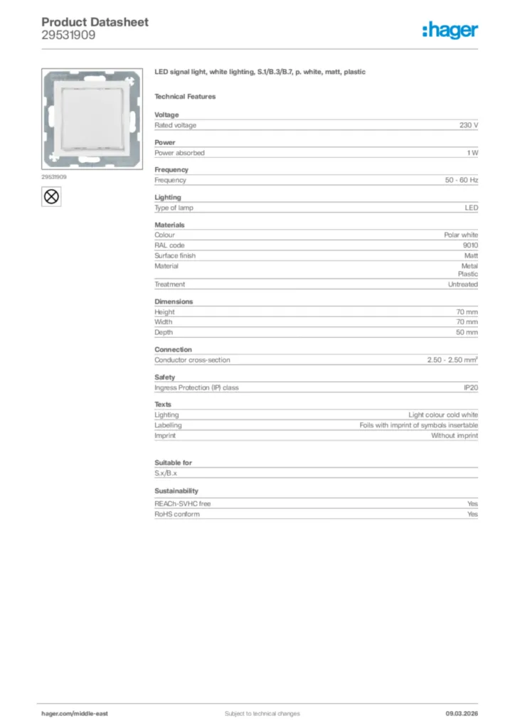 Image Hager Product data sheet 29531909  | Hager