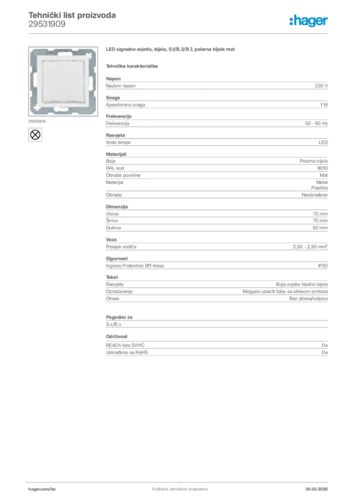 Slika Hager Tehnički list proizvoda 29531909  | Hager