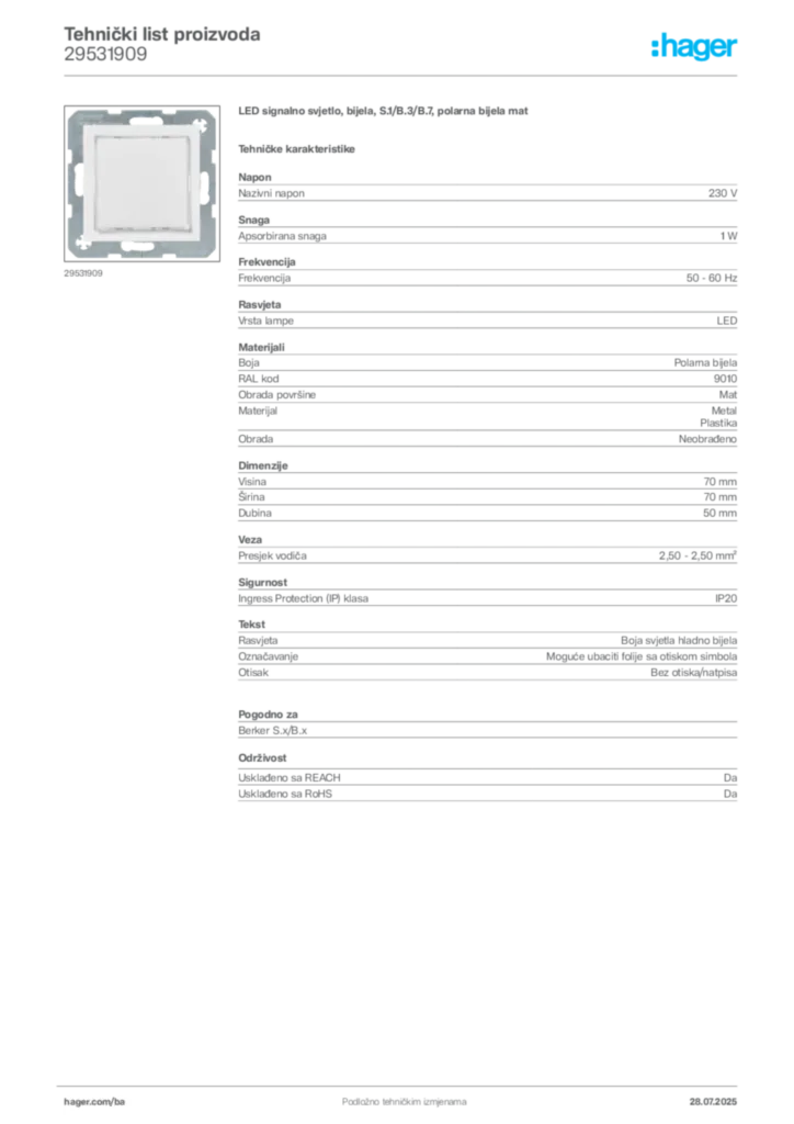 Slika Hager Product data sheet 29531909  | Hager
