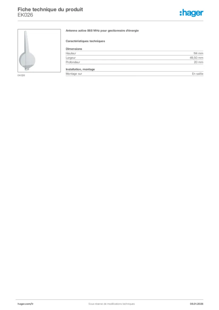 Image Hager Fiche technique du produit EK026 | Hager France