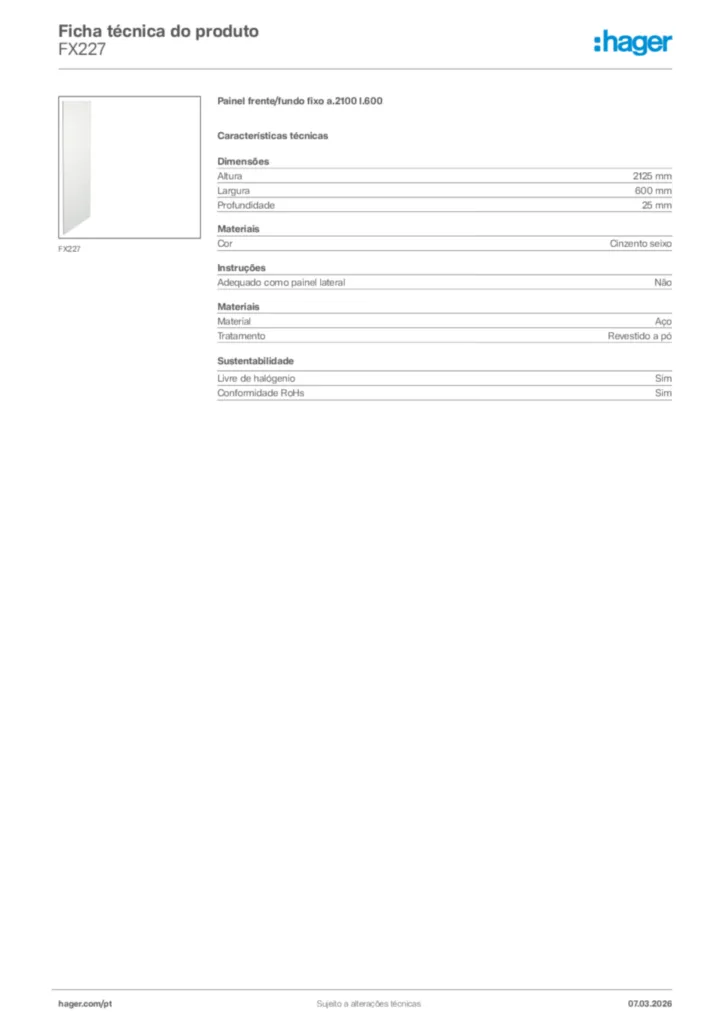 Imagem Hager Ficha técnica do produto FX227 | Hager Portugal