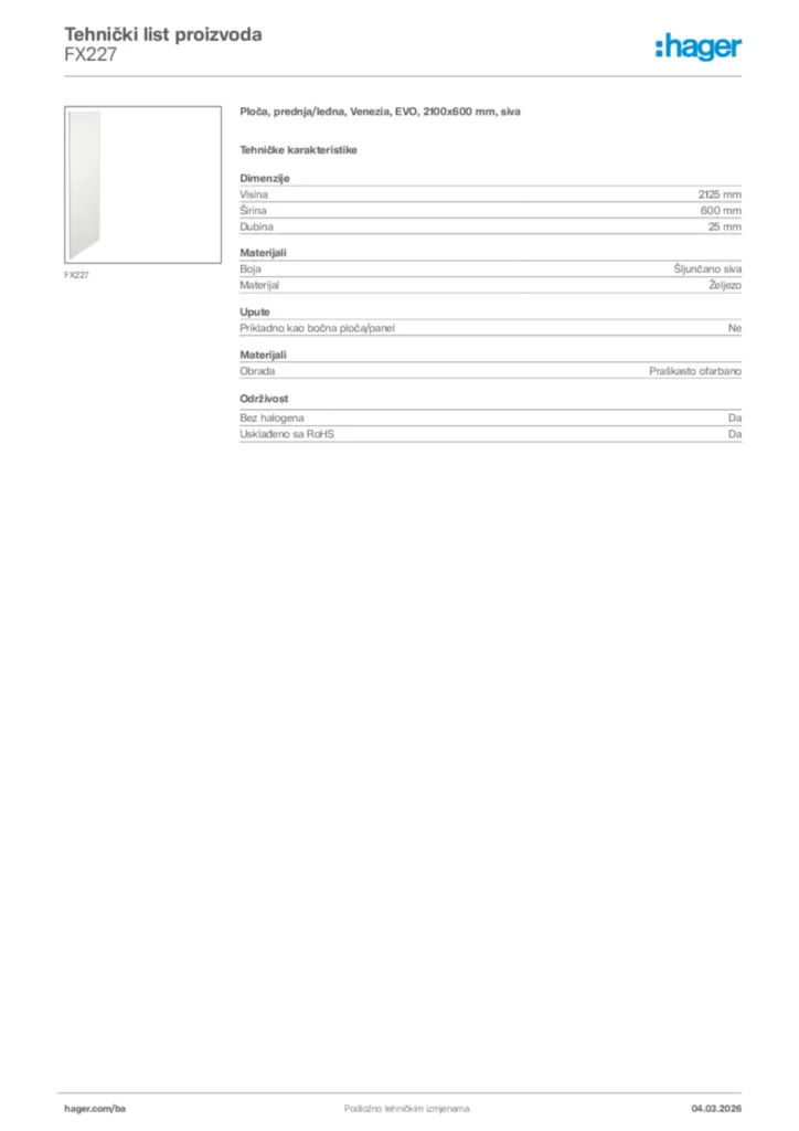 Slika Hager Tehnički list proizvoda FX227  | Hager
