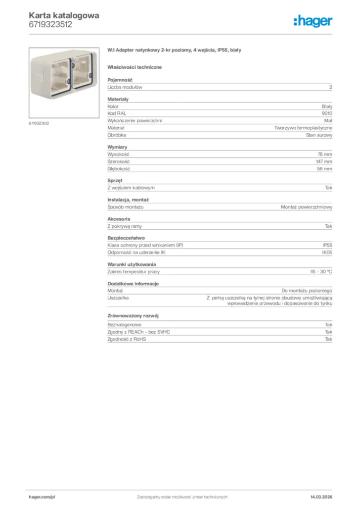 Zdjęcie Hager Karta katalogowa 6719323512 | Hager Polska