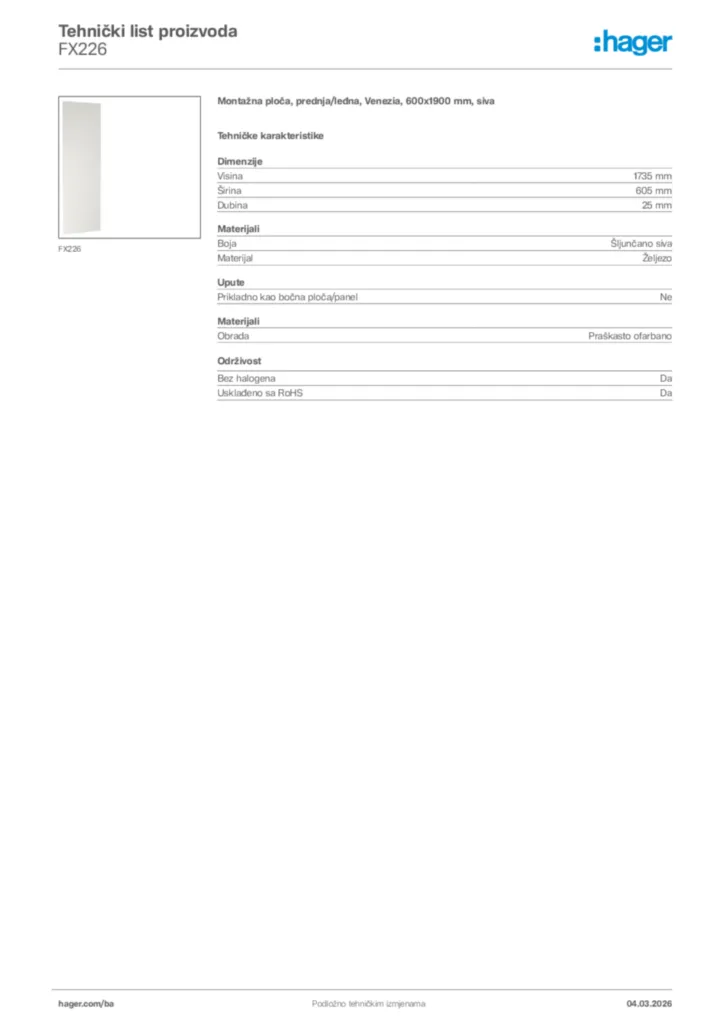 Slika Hager Tehnički list proizvoda FX226  | Hager