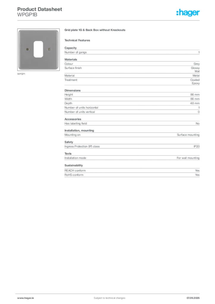 Image Hager Product data sheet WPGP1B  | Hager
