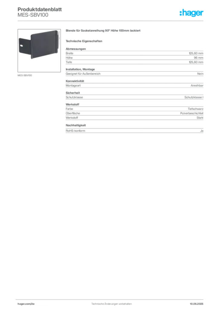 Bild Hager Produktdatenblatt MES-SBV100 | Hager Deutschland