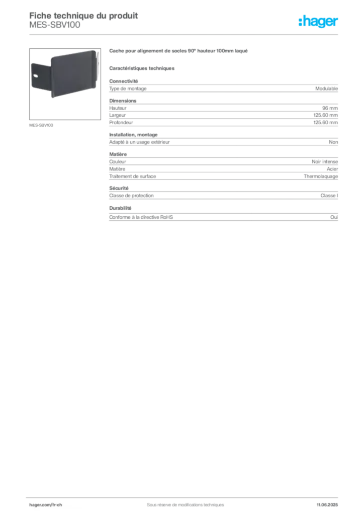 Image Hager Fiche technique du produit MES-SBV100 | Hager Suisse