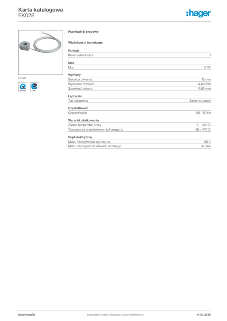 Zdjęcie Hager Karta katalogowa EK028 | Hager Polska