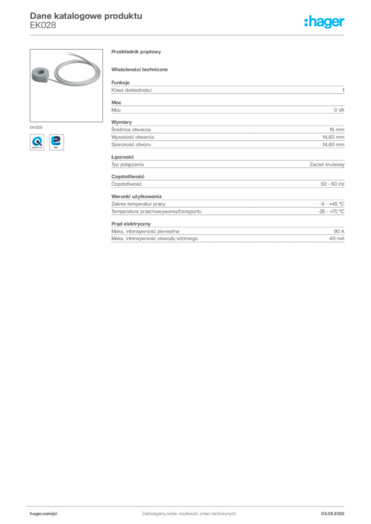 Zdjęcie Hager Karta katalogowa EK028 | Hager Polska