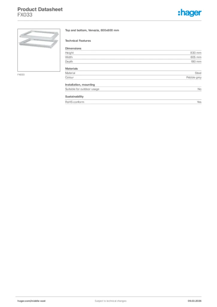 Image Hager Product data sheet FX033  | Hager