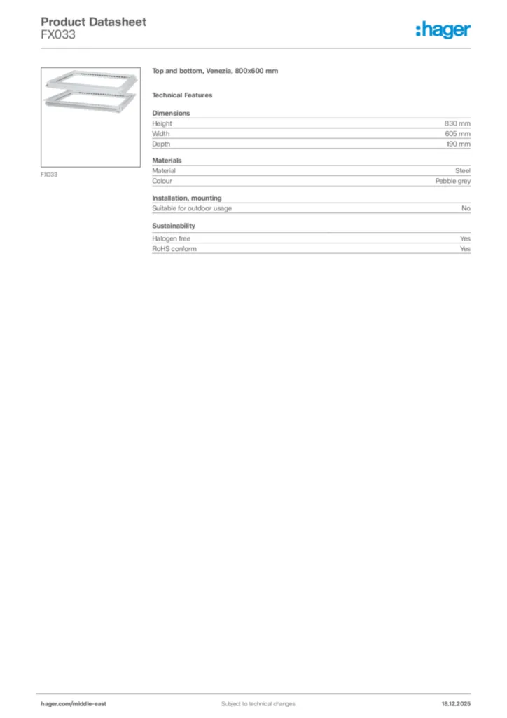 Image Hager Product data sheet FX033  | Hager