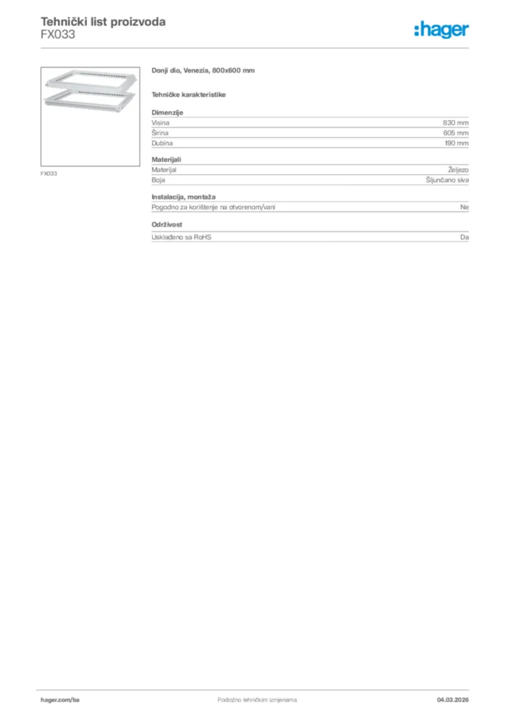 Slika Hager Tehnički list proizvoda FX033  | Hager