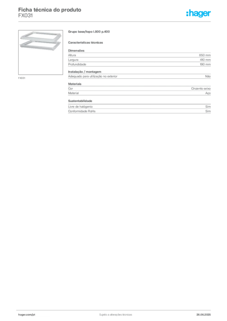 Imagem Hager Ficha técnica do produto FX031 | Hager Portugal