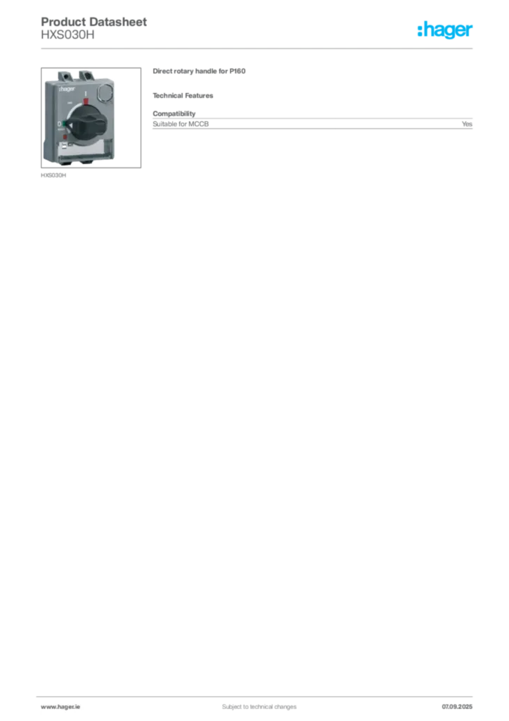 Image Hager Product data sheet HXS030H  | Hager