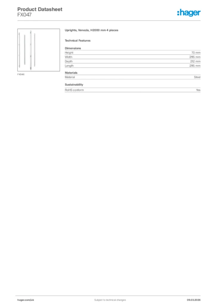 Image Hager Product data sheet FX047  | Hager