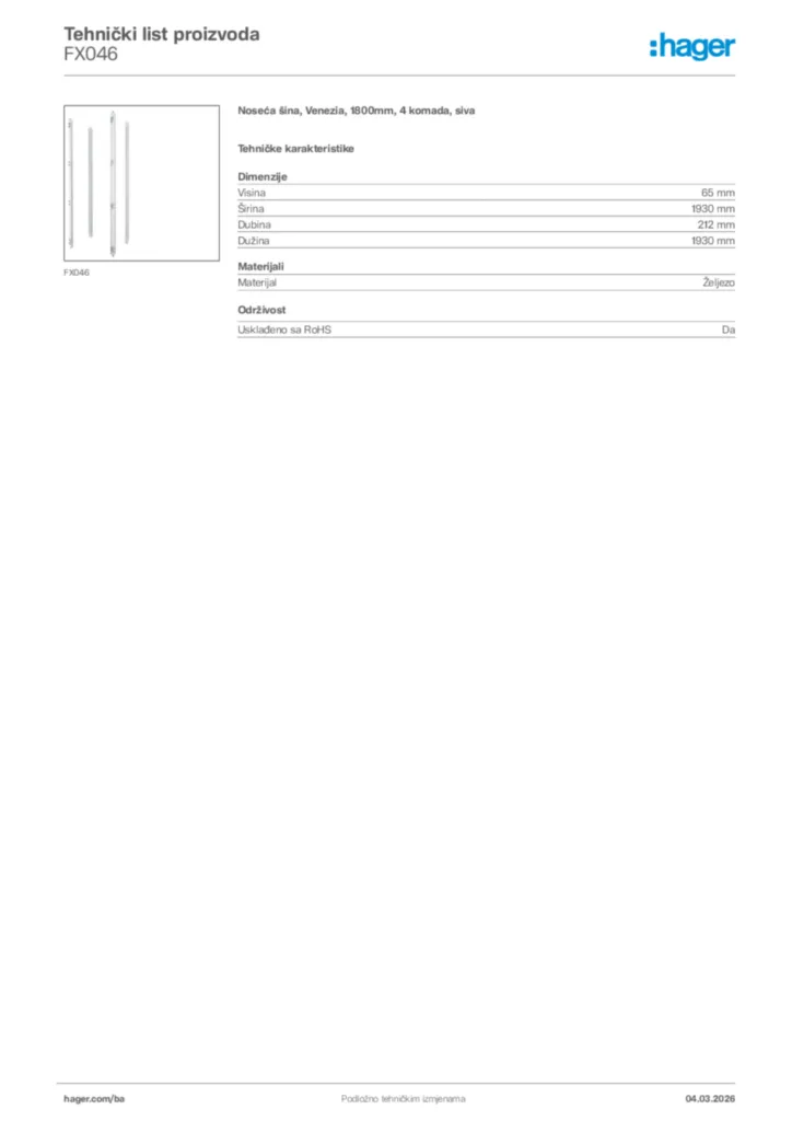 Slika Hager Tehnički list proizvoda FX046  | Hager