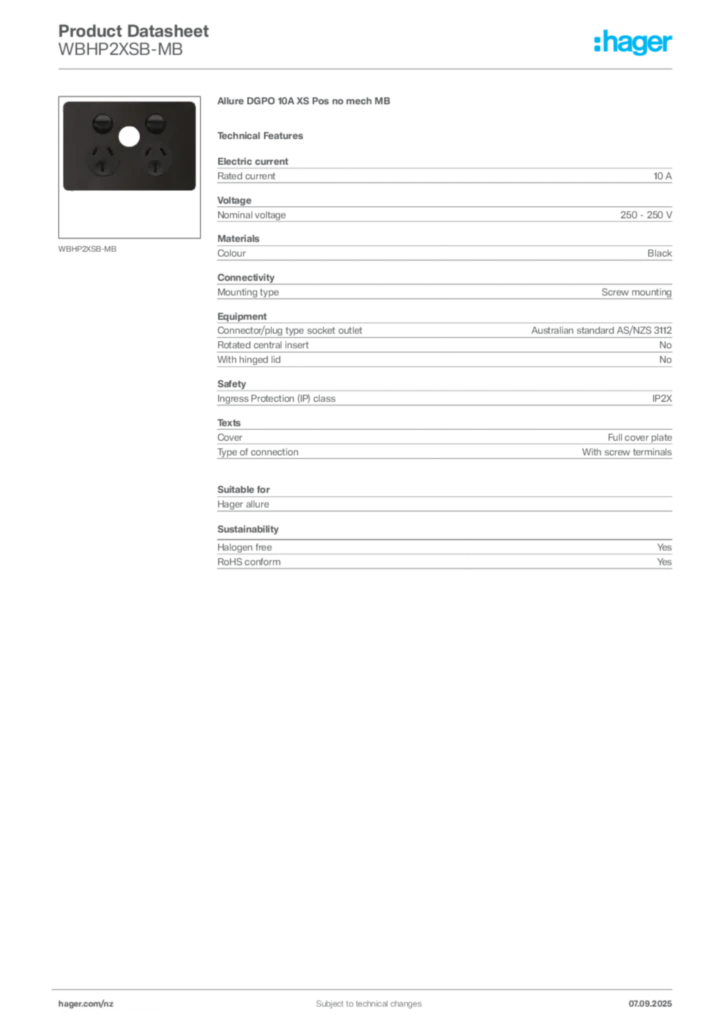 Image Hager Product data sheet WBHP2XSB-MB  | Hager New Zealand