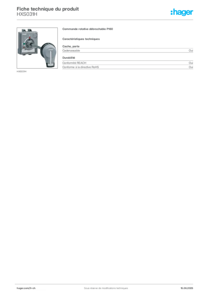 Image Hager Fiche technique du produit HXS031H | Hager Suisse