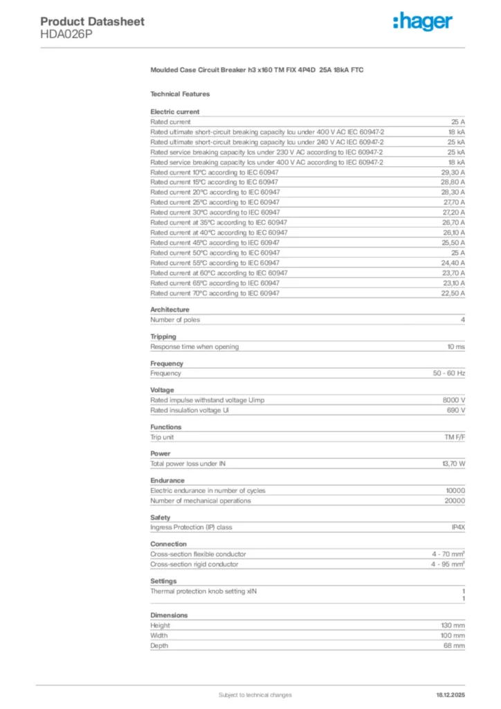 Image Hager Product data sheet HDA026P  | Hager