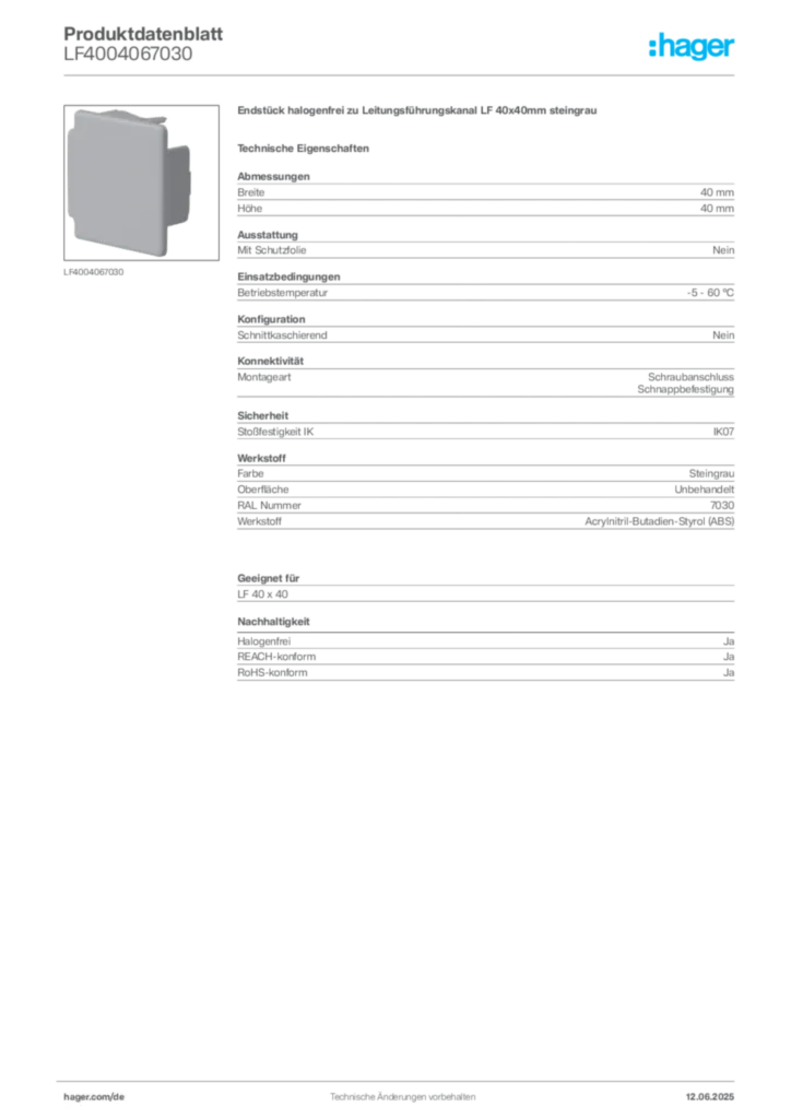 Bild Hager Produktdatenblatt LF4004067030 | Hager Deutschland