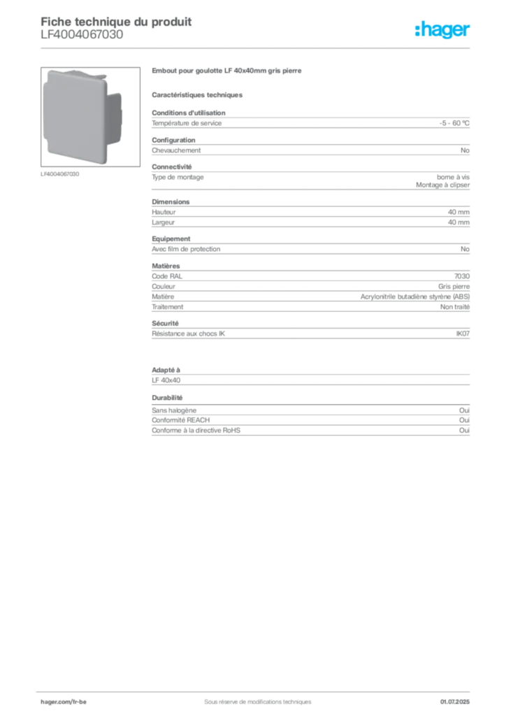 Image Hager Fiche technique du produit LF4004067030 | Hager Belgique