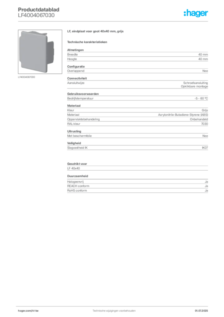Afbeelding Hager Productdatablad LF4004067030 | Hager Belgium