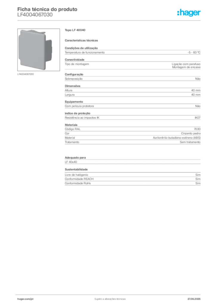 Imagem Hager Ficha técnica do produto LF4004067030 | Hager Portugal