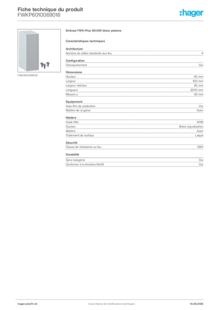 Image Hager Fiche technique du produit FWKP6010069016 | Hager Suisse