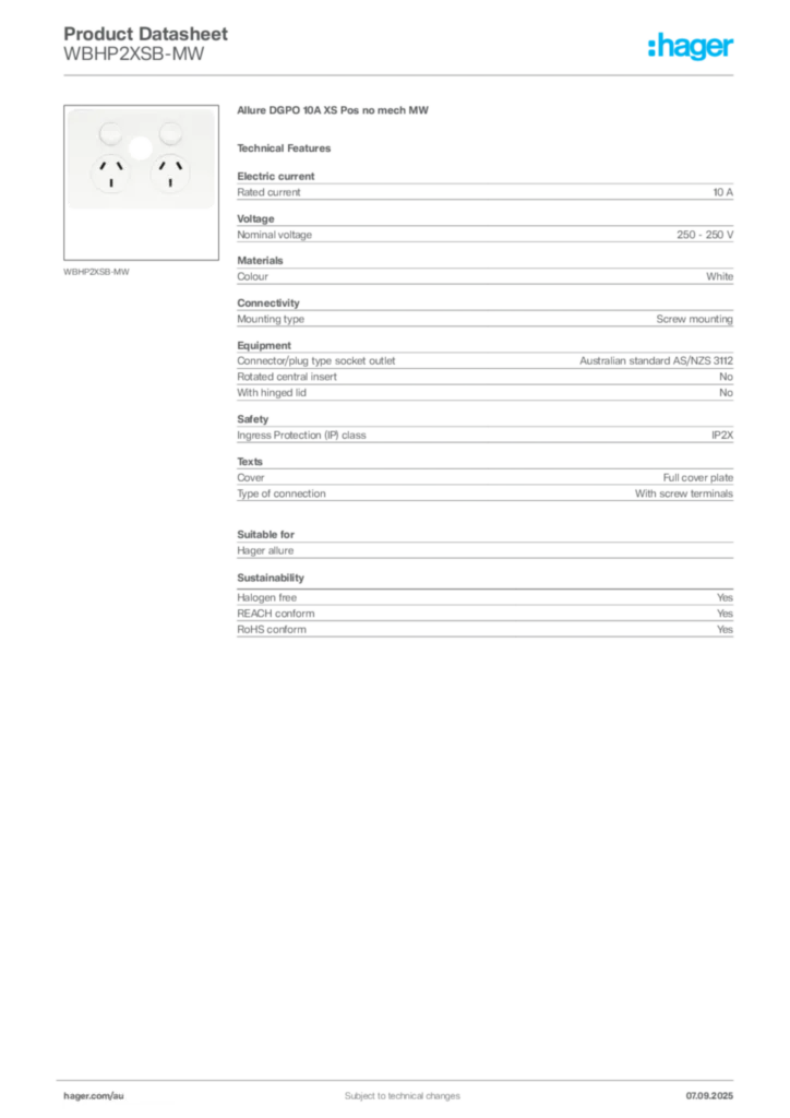 Image Hager Product data sheet WBHP2XSB-MW  | Hager Australia