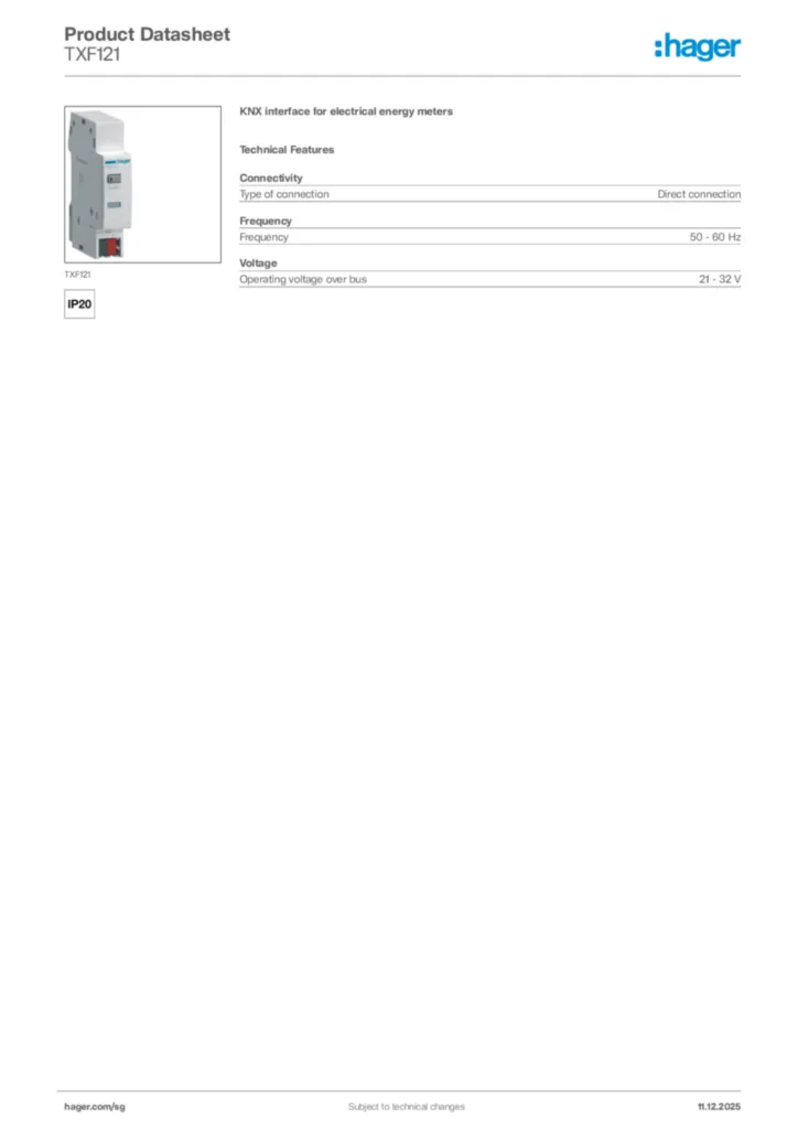 Image Hager Product data sheet TXF121  | Hager