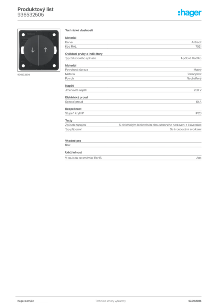 Obrázek Hager Produktový list 936532505 | Hager