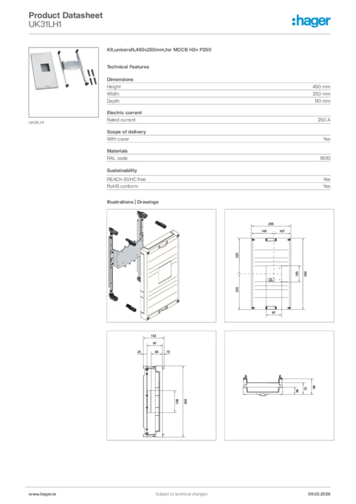 Image Hager Product data sheet UK31LH1  | Hager