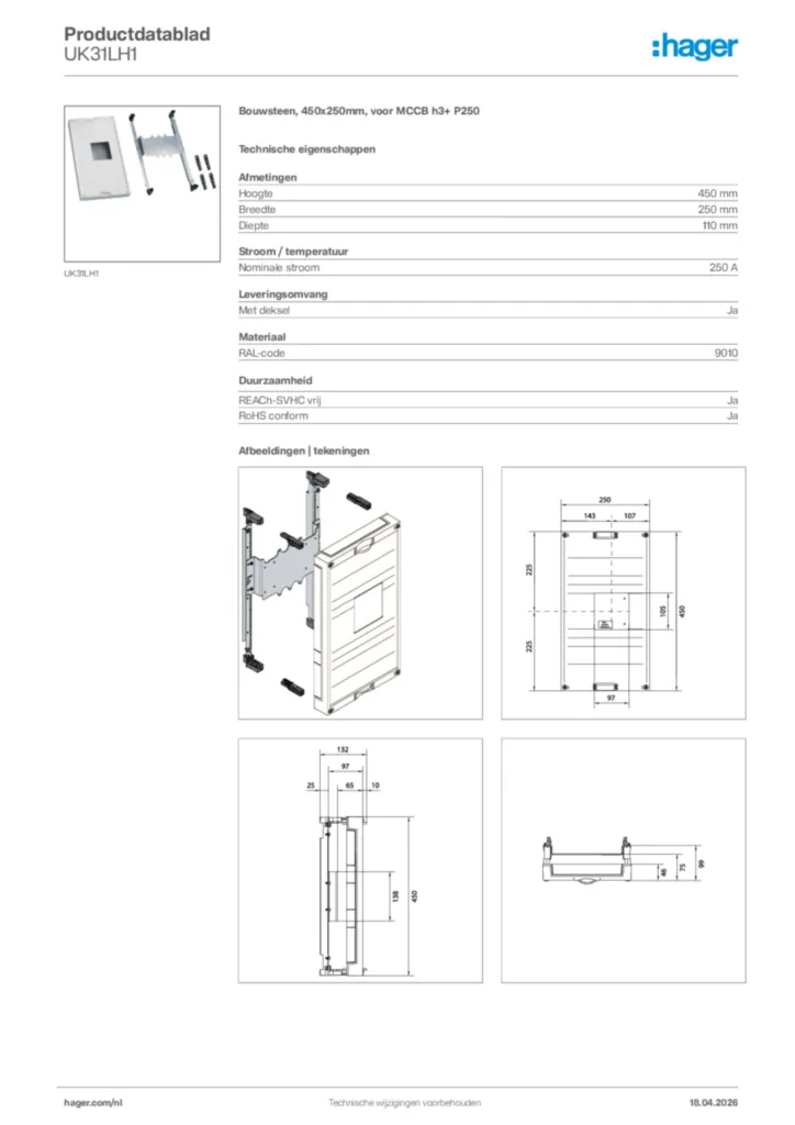 Afbeelding Hager Productdatablad UK31LH1 | Hager Nederland
