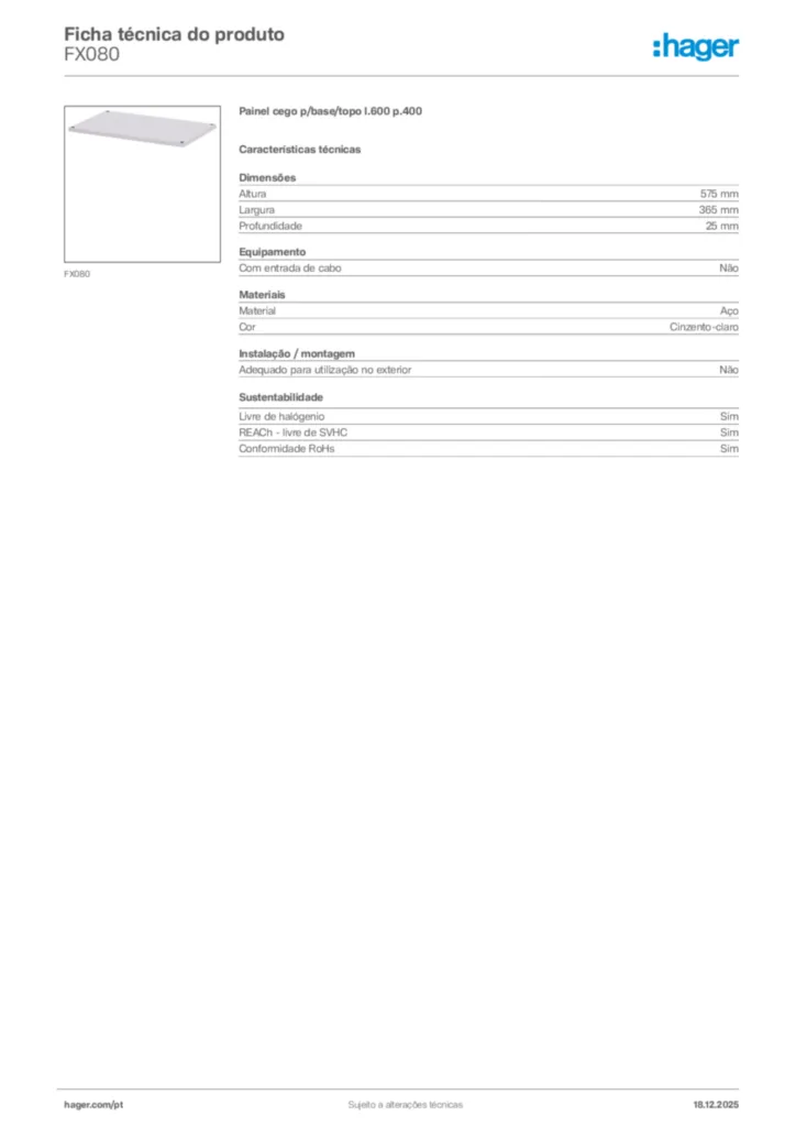 Imagem Hager Ficha técnica do produto FX080 | Hager Portugal
