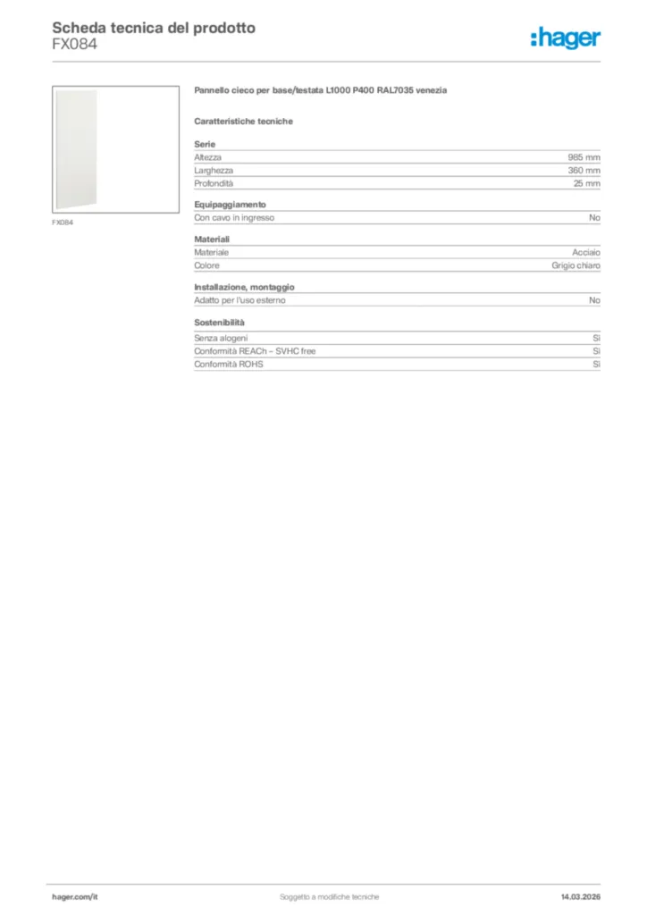 Immagine Hager Scheda tecnica del prodotto FX084 | Hager Italia