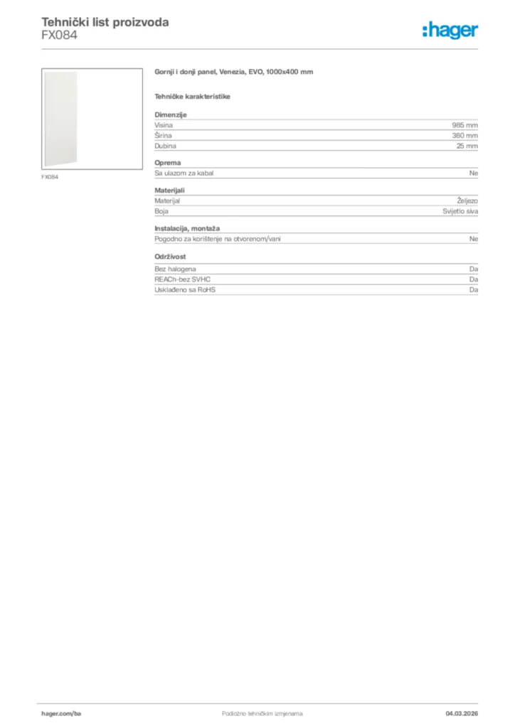 Slika Hager Tehnički list proizvoda FX084  | Hager