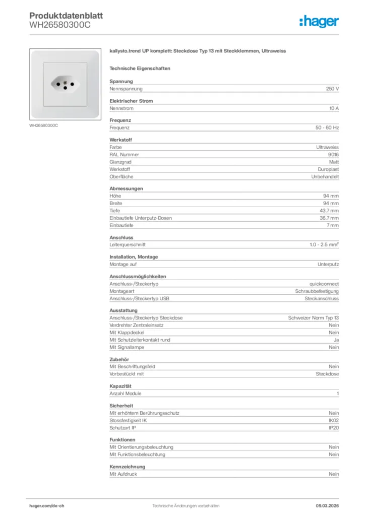 Bild Hager Produktdatenblatt WH26580300C | Hager Schweiz