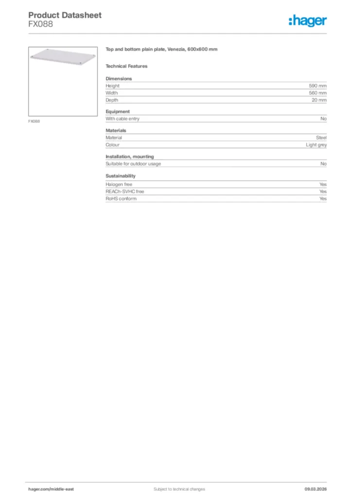 Image Hager Product data sheet FX088  | Hager