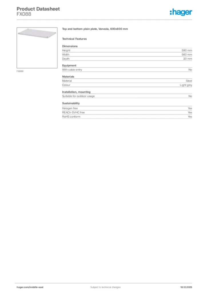 Image Hager Product data sheet FX088  | Hager