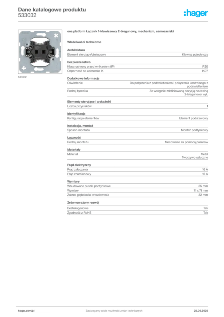 Zdjęcie Hager Karta katalogowa 533032 | Hager Polska