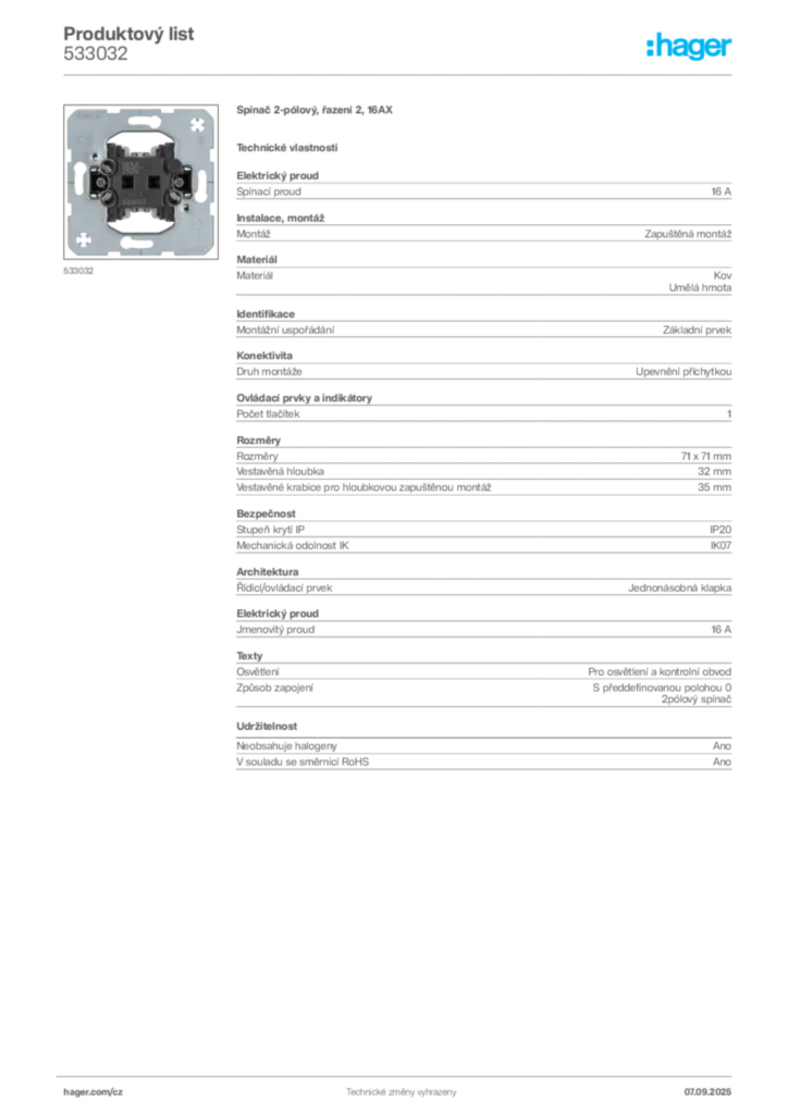 Obrázek Hager Produktový list 533032 | Hager
