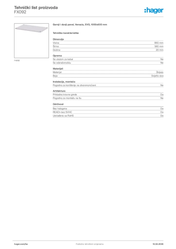 Slika Hager Tehnički list proizvoda FX092  | Hager