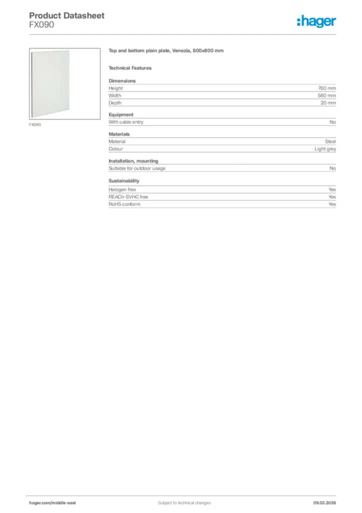 Image Hager Product data sheet FX090  | Hager