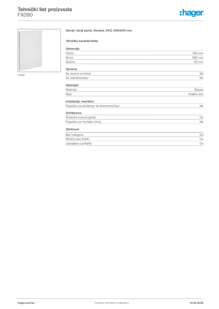 Slika Hager Tehnički list proizvoda FX090  | Hager