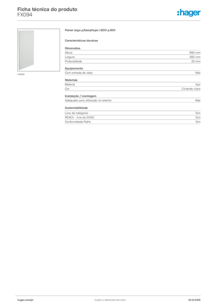 Imagem Hager Ficha técnica do produto FX094 | Hager Portugal