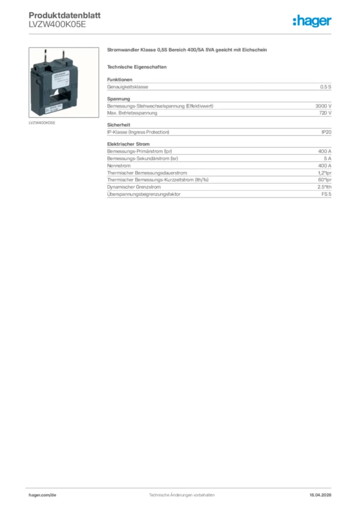 Bild Hager Produktdatenblatt LVZW400K05E | Hager Deutschland