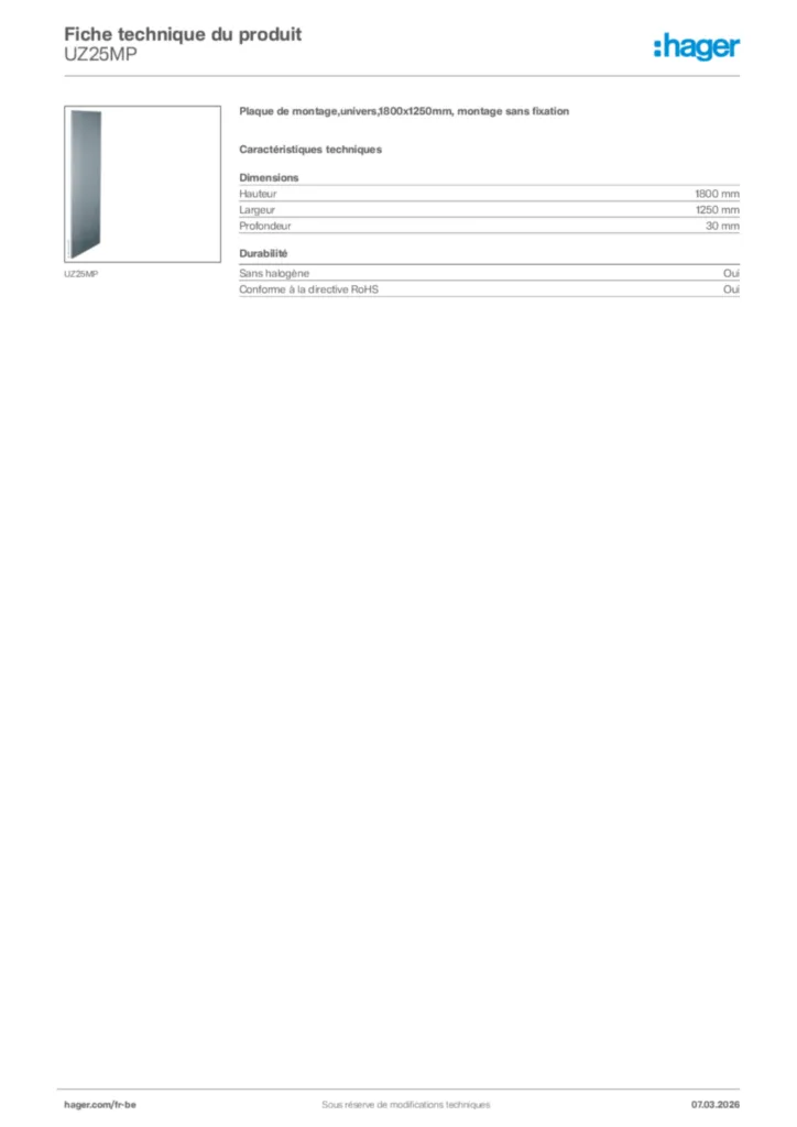 Image Hager Fiche technique du produit UZ25MP | Hager Belgique