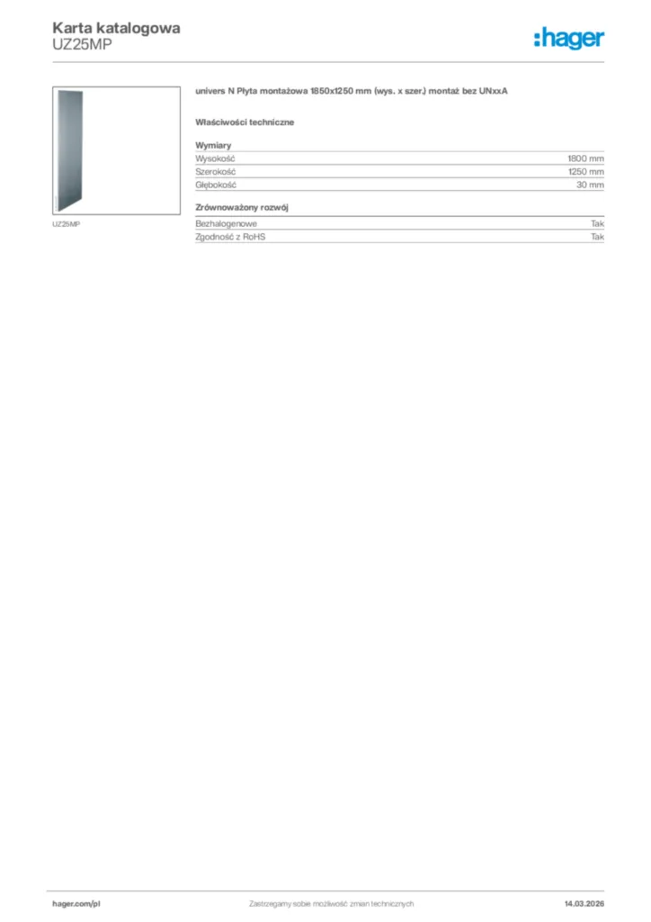 Zdjęcie Hager Karta katalogowa UZ25MP | Hager Polska