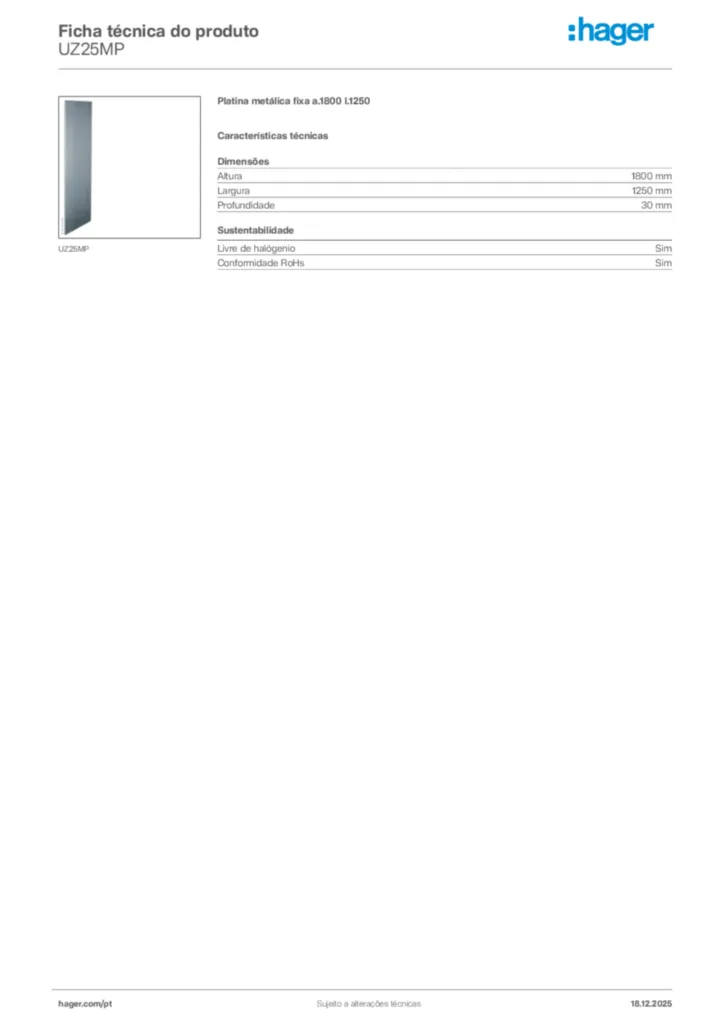 Imagem Hager Ficha técnica do produto UZ25MP | Hager Portugal